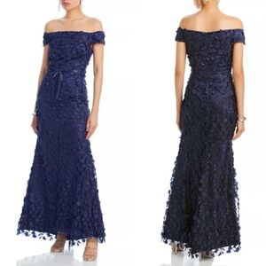NWOT Eliza J Navy Off The Shoulder 3D Floral Evening Dress Size 2